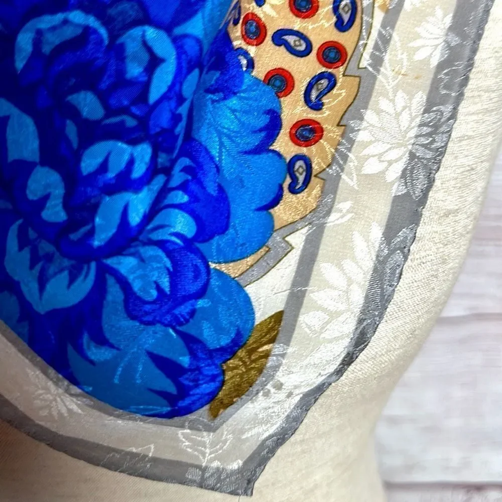 Albert Nipon for XIIX KARAT Silk Scarf Blue Magenta Tan Floral Roses Vintage